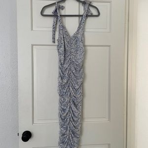 Light Blue Floral Ruched Shoulder Tie Maternity Dress